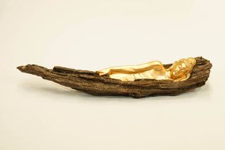 SLEEPING BUDDHA  ON TREE BARK FIGURINE